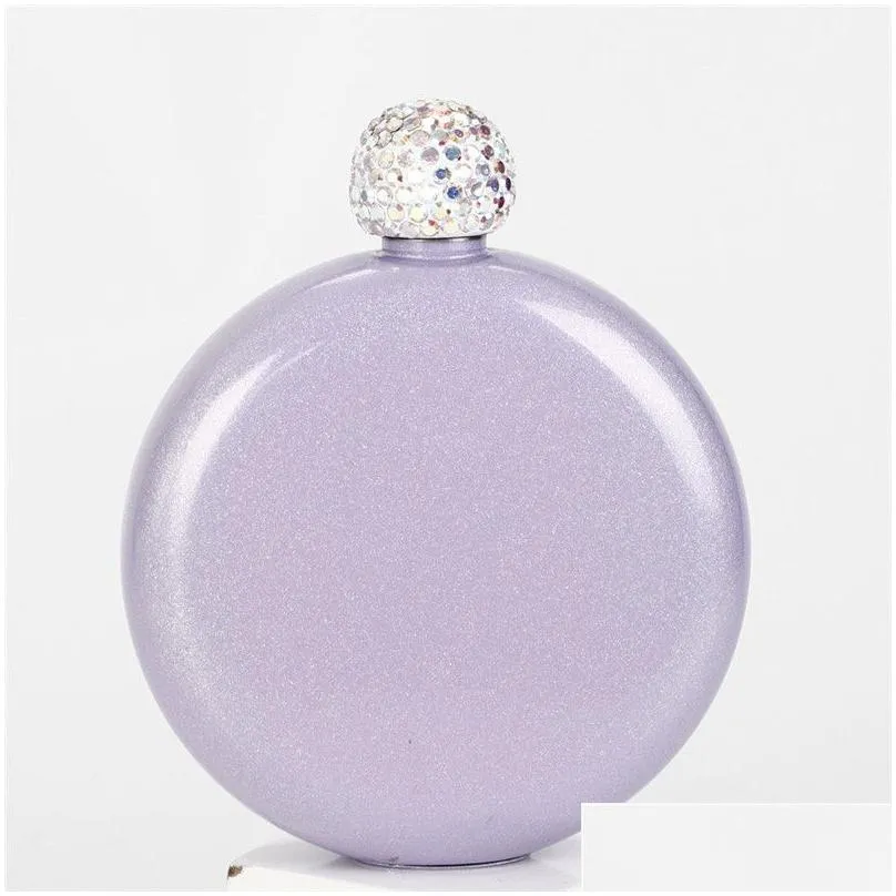 Hip Flasks Portable Round Mini Hip Flask 304 Stainless Steel Wine Kettle Crystal Er Colorf Ladies Flagon Glitter Drop Delivery Home Ga Dhjus