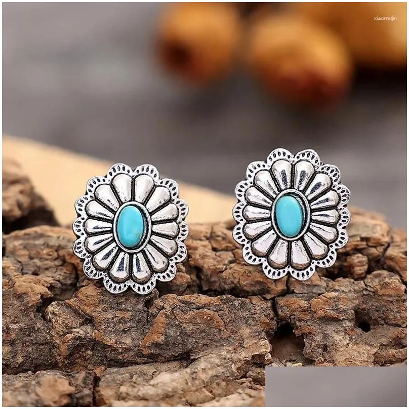 Stud Earrings Western Turquoise Bohemian Vintage Small Geometric Round Flower Ethnic Boho Cowgirl  Jewelry Drop Delivery Oti6A