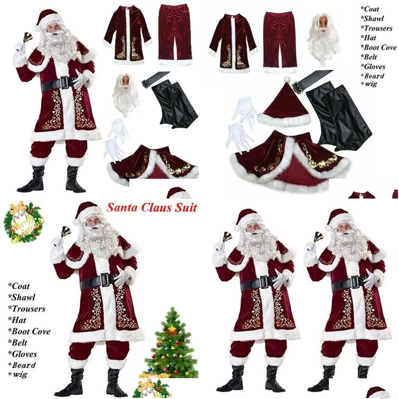 Christmas Decorations 9Pcs Veet Deluxe Santa Claus Father Cosplay Suit Costume Adt Fancy Dress Fl Set Sets Drop Delivery Dhhyv