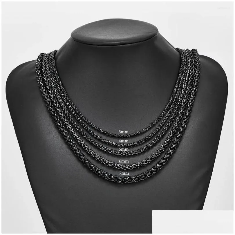 Chains Thickness M/4Mm/5Mm/6Mm/7Mm Black Color Wheat Braided Stainless Steel Necklace Link Classic Curb Chain For Men Women Jewelry D Dhoc2