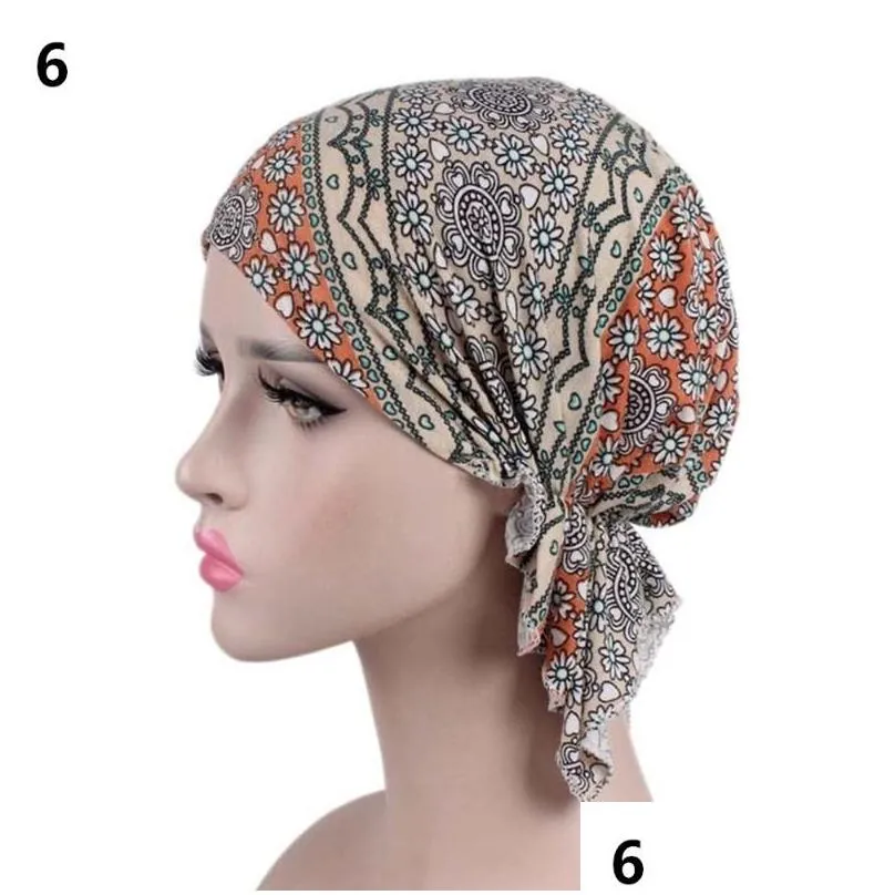 Cycling Caps & Masks Cycling Caps Masks Womens Muslim Hijab Cancer Chemo Flower Print Hat Turban Cap Er Hair Scarf Wrap Pre-Tied Headw Dhpx2