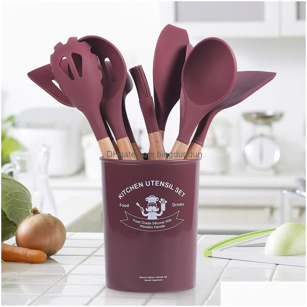 Dinnerware Sets Sile Kitchen Accessories Cooking Tools Kitchenware Cocina Sil Kitchens Utensils With Wooden Handles Drop Delivery Home Dhb1W