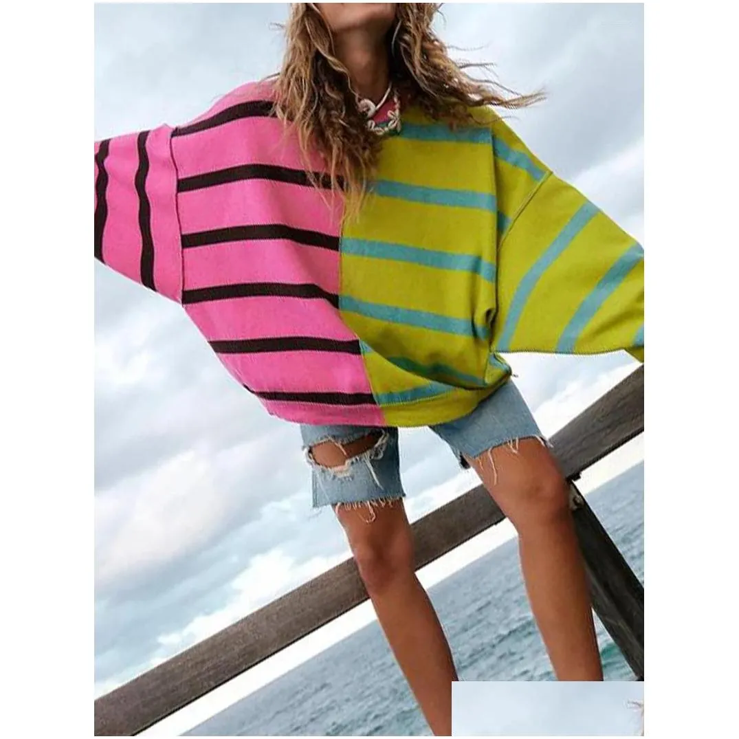 Women`S Hoodies & Sweatshirts Womens Hoodies Women S 2024 Striped Oversized Sweatshirt Long Sleeve Crew Neck Color Block Casual Knit Otmge