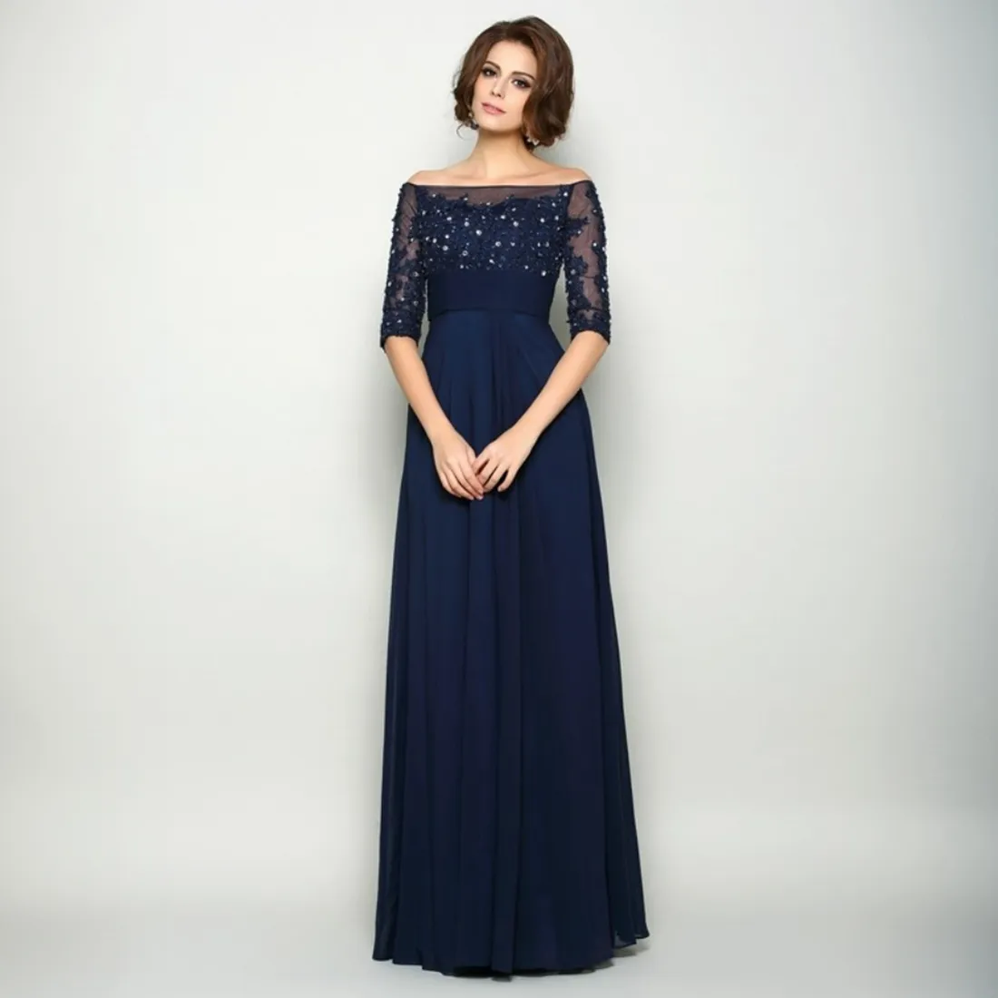 Navy Blue Mother Of The Bride Dresses Off Shoulder Half Sleeves A Line Beaded Lace Mother's Dresses Chiffon Mother of Groom Gowns Wedding Guest Gown AMM040