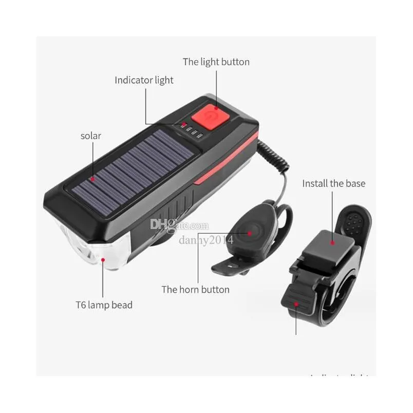 led solar bicycle light usb rechargeable front lights with horn outdoor cycling head lights ip65 waterproof cycling bike lamp