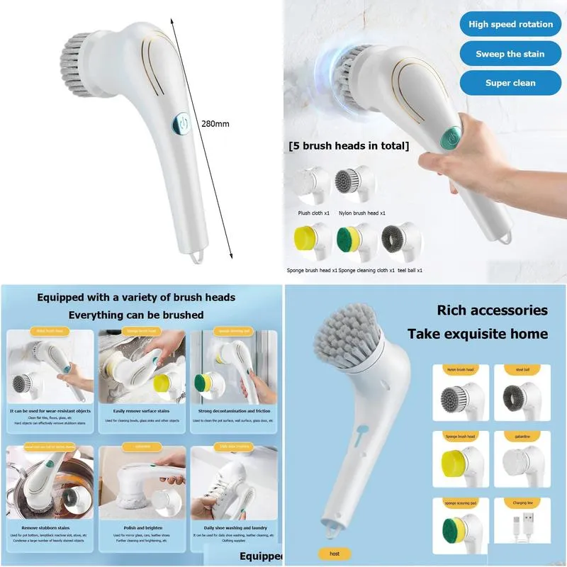 Cleaning Brushes Electric Cleaning Brush Mtifunctional Usb Charging For Bathroom Wash Dishwashing Bathtub Kitchen Tool Drop Delivery H Otmvn