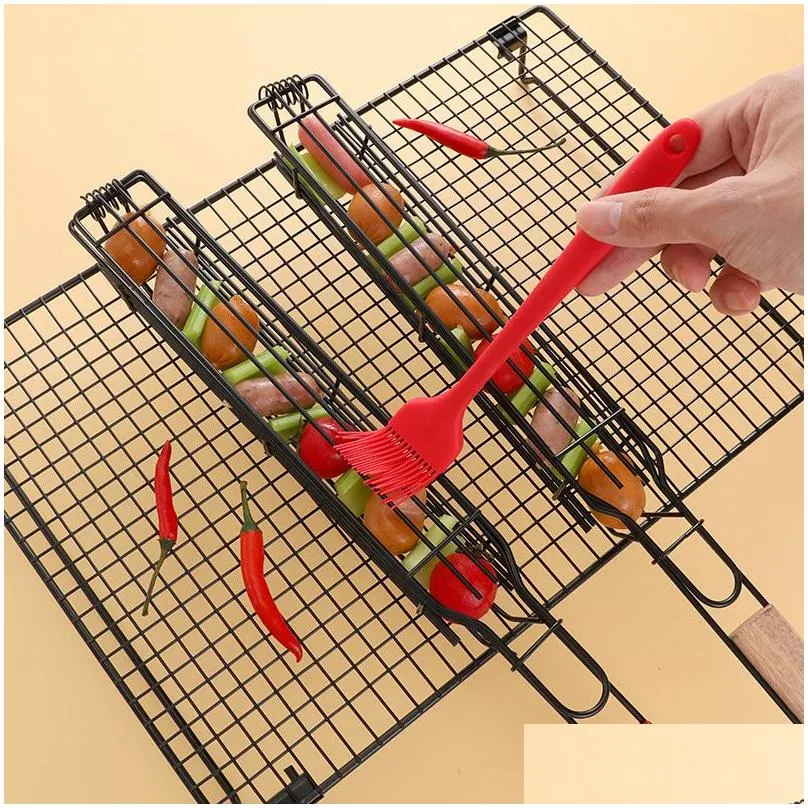 camping barbecue bbq grilling basket charcoal grill outdoors grill tools portable nonstick roasting meat accessories lx6343