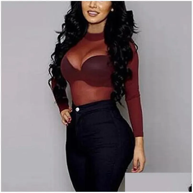 Women`S Blouses & Shirts Y Women T Shirt See Through Transparent Mesh Tops Long Sleeve Sheer Slim Ladies Turtleneck T-Shirt Clothing Ot2S9