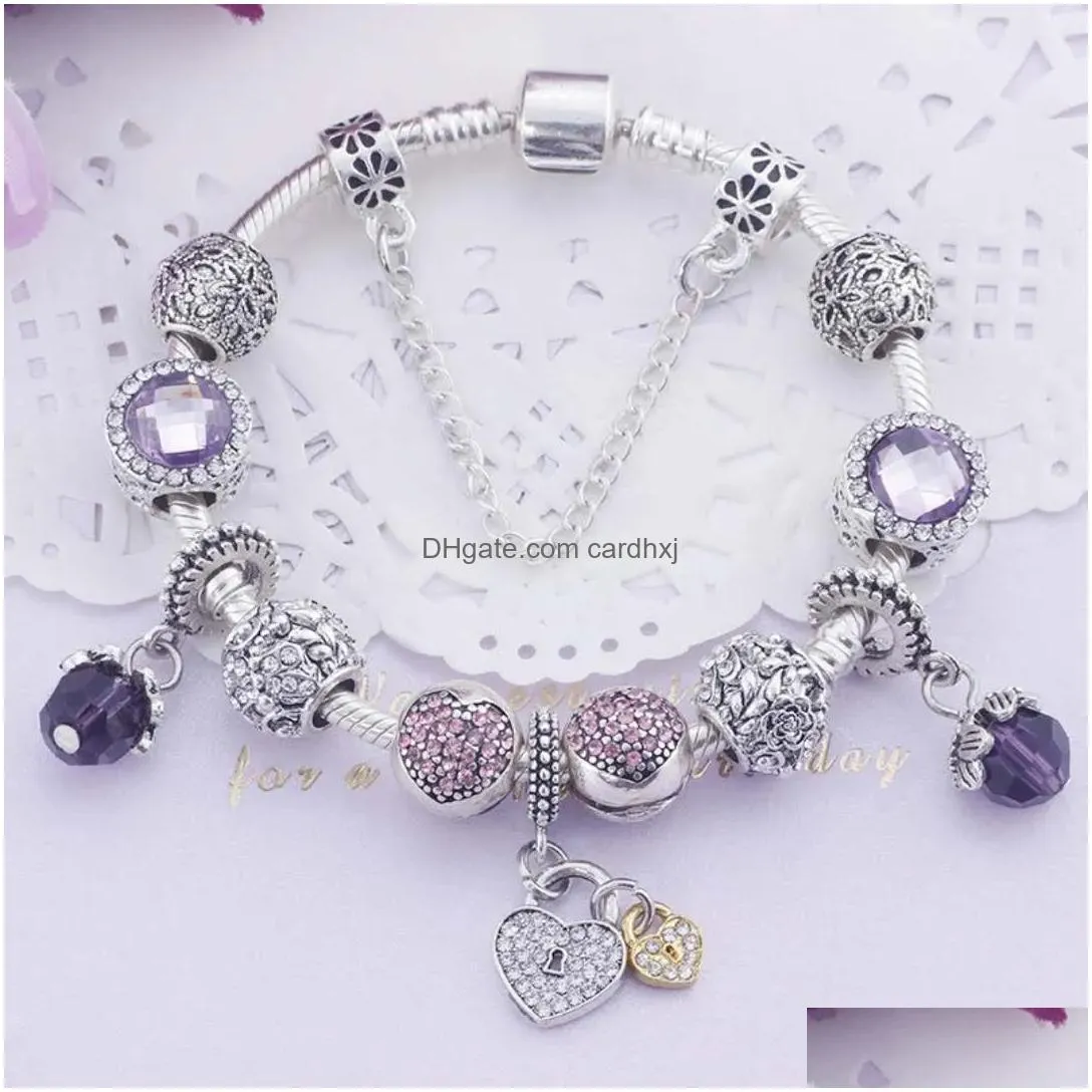 Charm Bracelets Wholesale-Bracelet 925 Sier Pandoa Style Bracelets Love Flower Crystal Shoes Pendant Snake Chain Bangle Diy Jewelry W Dh0O6