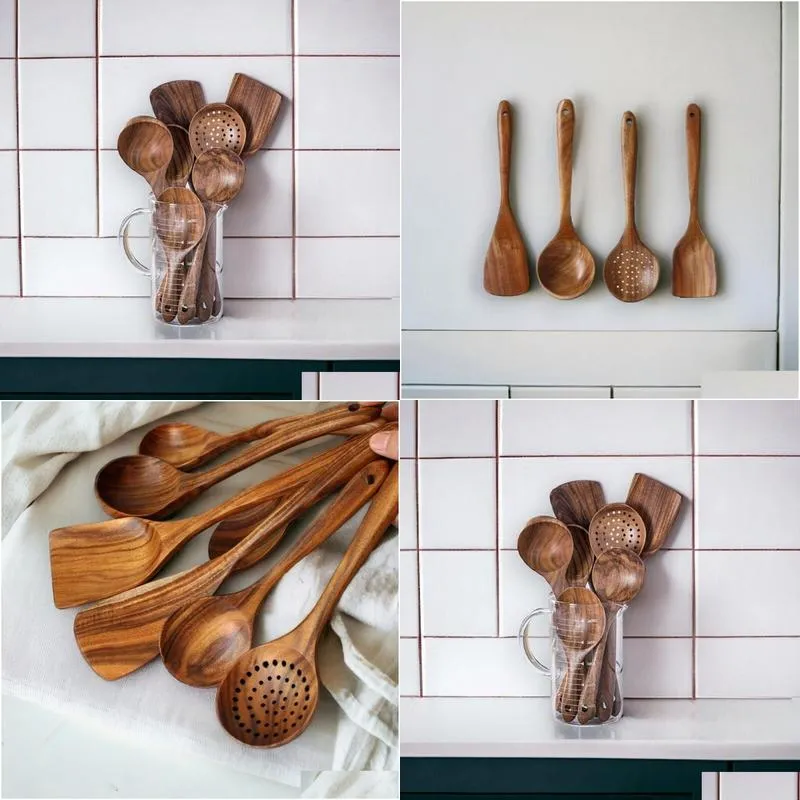 Cooking Utensils Handmade Natural Wood Tableware Wooden Spoon Kitchen Tool Set Drop Delivery Home Garden Kitchen, Dining Bar Kitchen T Ot12O