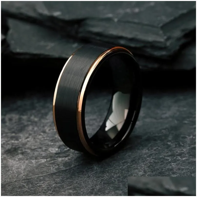 Wedding Rings Luxury Mens Black Tungsten Ring With Rose Gold Edge Plating Brushed Band For Men Jewelry Size 6-13 Drop Delivery Dhvco