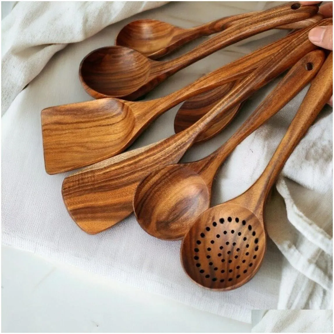 Cooking Utensils Handmade Natural Wood Tableware Wooden Spoon Kitchen Tool Set Drop Delivery Home Garden Kitchen, Dining Bar Kitchen T Ot12O