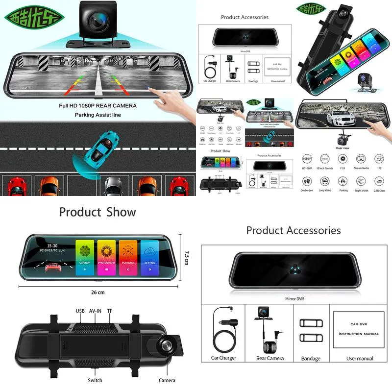 streaming rearview mirror dashcam 10-inch touch screen 1440p dual lens night vision astern image car dvr