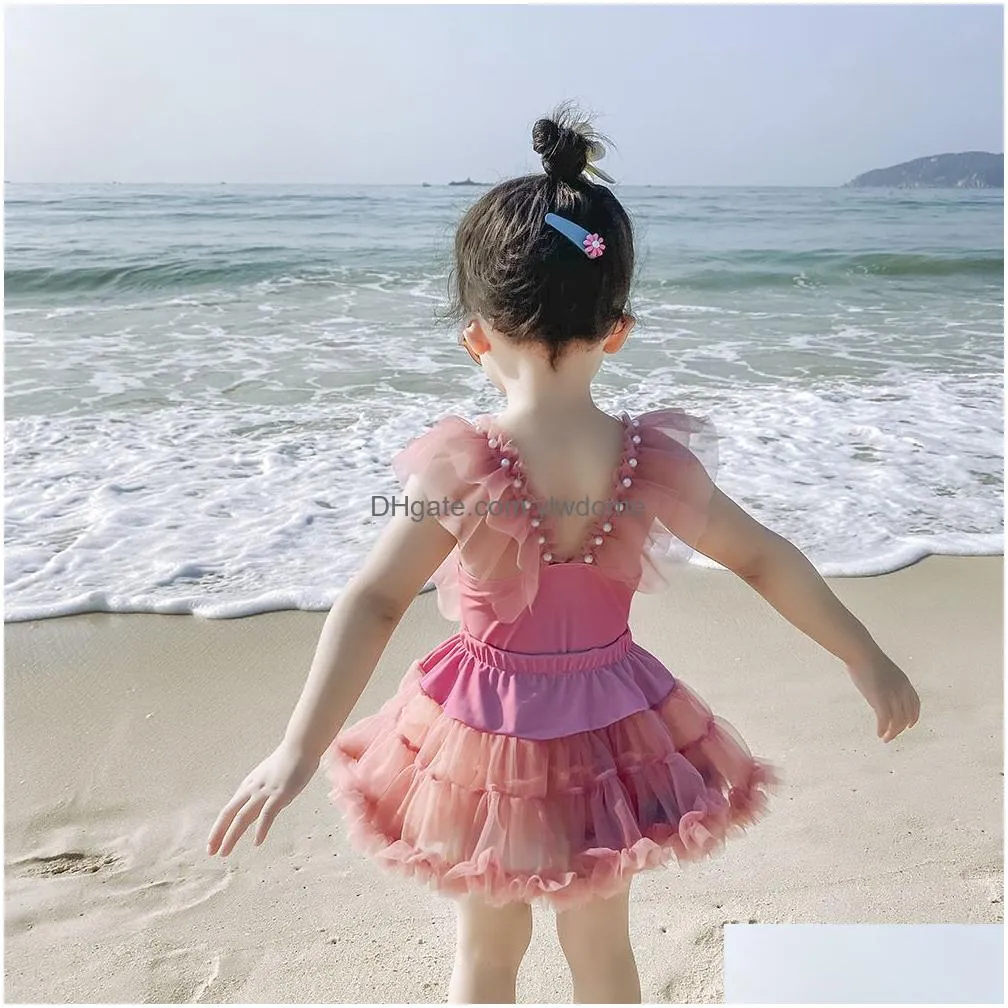 One-Pieces New Girls Princess One Piece Swimsuit Summer Pearl Lace Splicing Kids Skirts Fashion Children Spa Swimsuits Drop Delivery B Dhawz