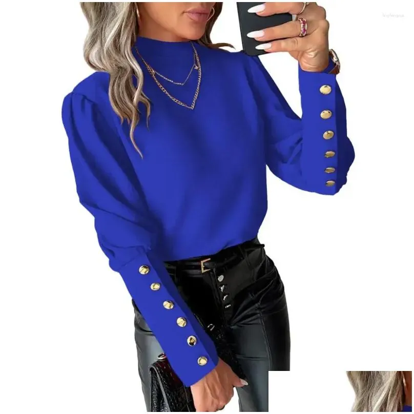 Women`S Blouses & Shirts Womens Blouses Women Spring Shirt Button Decor Lace Work V-Shaped Back Backless Solid Color Round Neck Ol Co Ot1He