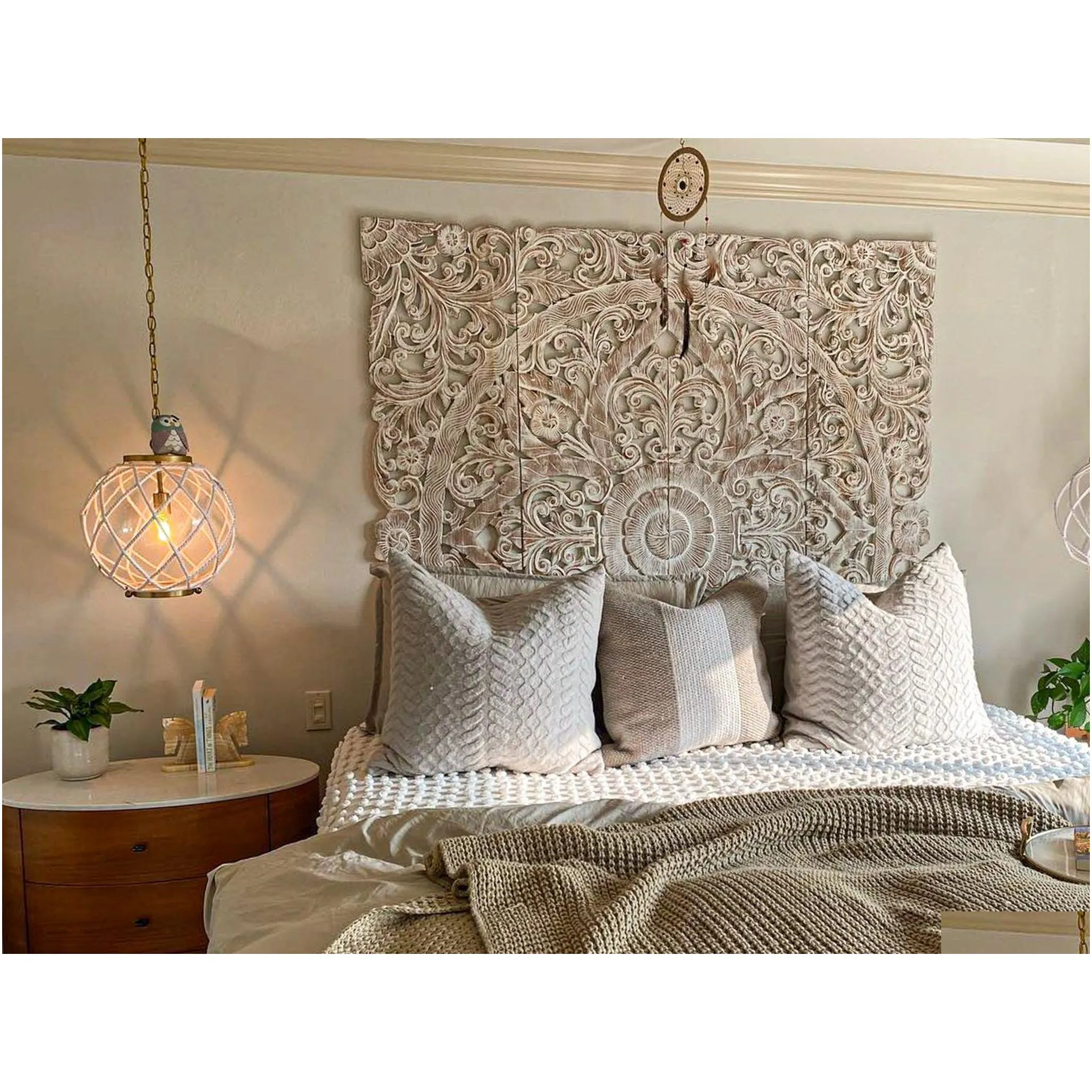 Headboard Bohemian Hand Carved King Headboard Reclaimed Teak Wood Wall Panels Hanging Asian Bedroom Furniture White Coastal Finish Dro Ot3Hy