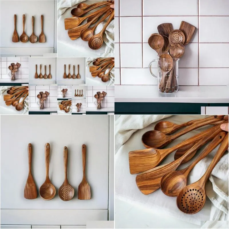 Cooking Utensils Handmade Natural Wood Tableware Wooden Spoon Kitchen Tool Set Drop Delivery Home Garden Kitchen, Dining Bar Kitchen T Ot12O