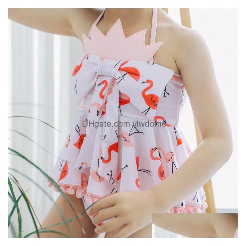 Two-Pieces Girls Swimming Set Cartoon Flamingo Swimwear Suits Girl Sun Bathing Spring Swim Sets Bow Tank Tops Underpant Shorts With Ca Dhpan