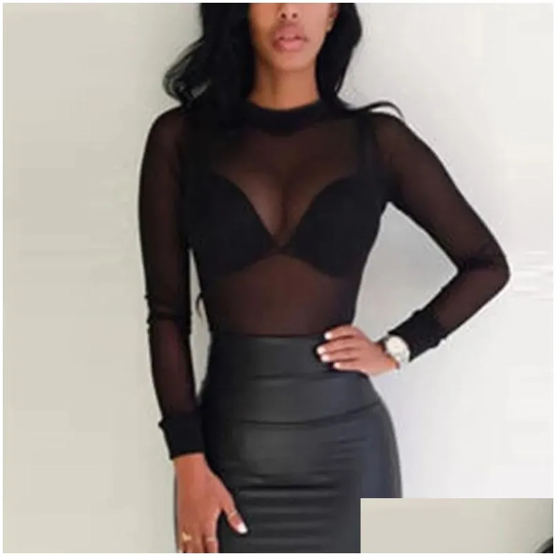 Women`S Blouses & Shirts Y Women T Shirt See Through Transparent Mesh Tops Long Sleeve Sheer Slim Ladies Turtleneck T-Shirt Clothing Ot2S9