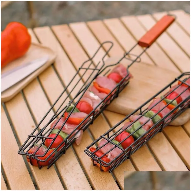 camping barbecue bbq grilling basket charcoal grill outdoors grill tools portable nonstick roasting meat accessories lx6343