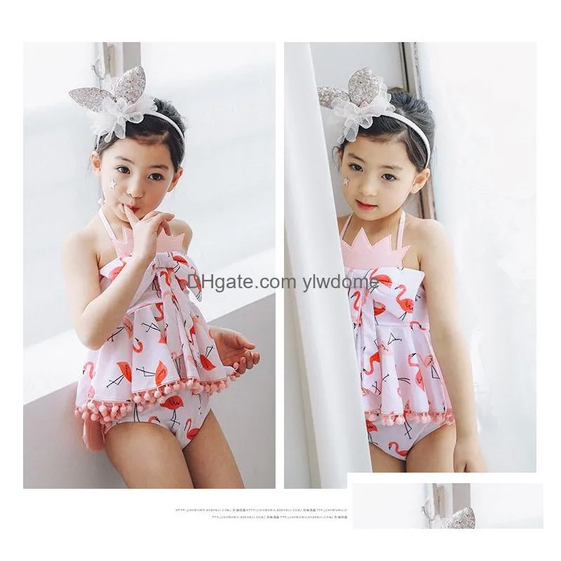 Two-Pieces Girls Swimming Set Cartoon Flamingo Swimwear Suits Girl Sun Bathing Spring Swim Sets Bow Tank Tops Underpant Shorts With Ca Dhpan