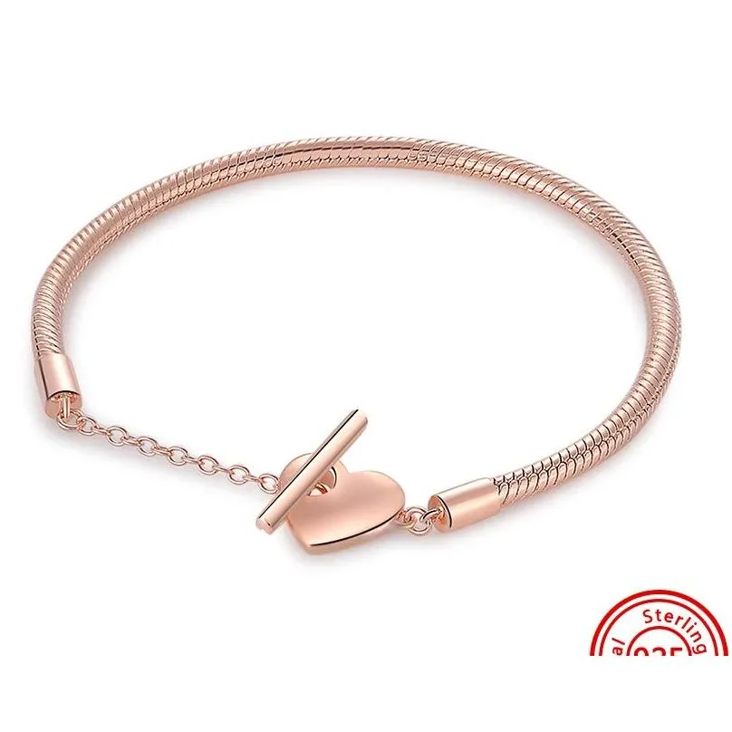 Charm Bracelets Authentic Fit Bracelet Charms Original Crown Heart T-Bar Padlock Shiny Clasp Snake Chain Rose Gold Bracelets Women Je Otzbq