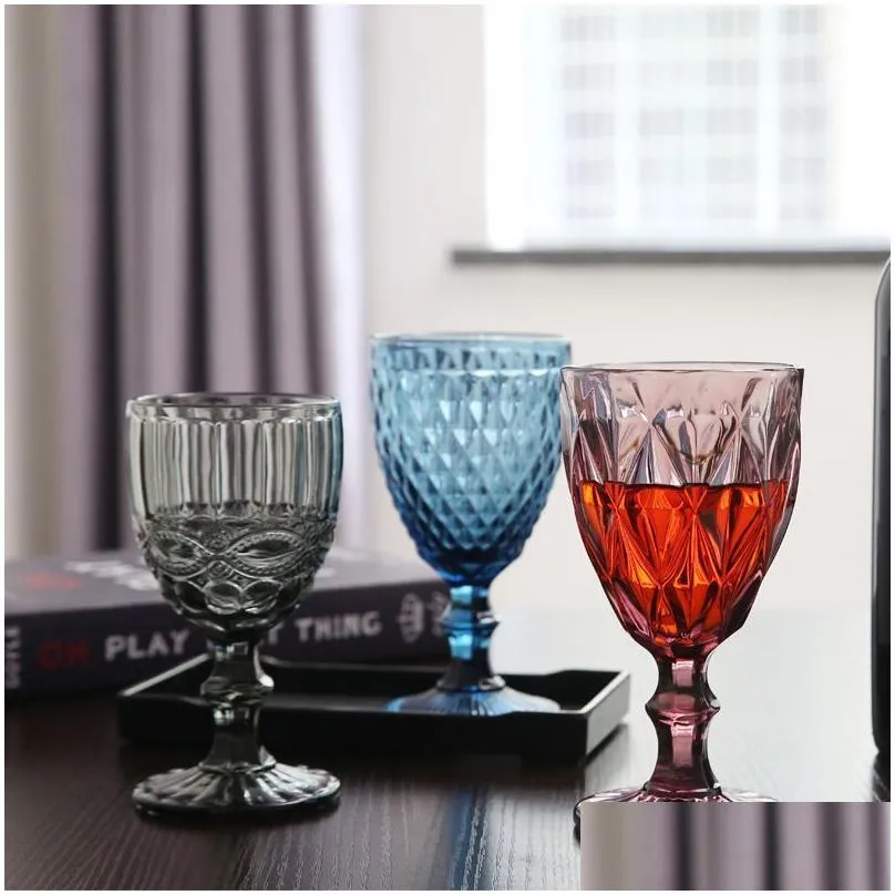 Wine Glasses 10Oz Wine Glasses Colored Glass Goblet With Stem 300Ml Vintage Pattern Embossed Romantic Drinkware For Party Wedding Fy55 Dhfj8