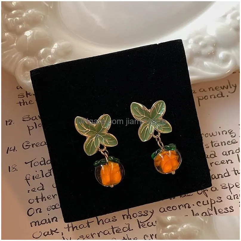 Dangle & Chandelier Dangle Chandelier Cute Persimmon Orange Color Flower Leaf Drop Earrings For Women Sweet Girl Glazed Glass Ball 20 Dhgox