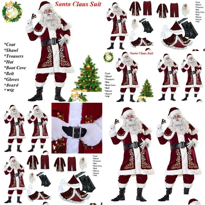 Christmas Decorations 9Pcs Veet Deluxe Santa Claus Father Cosplay Suit Costume Adt Fancy Dress Fl Set Sets Drop Delivery Dhhyv