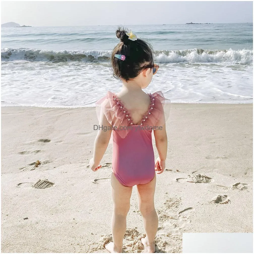 One-Pieces New Girls Princess One Piece Swimsuit Summer Pearl Lace Splicing Kids Skirts Fashion Children Spa Swimsuits Drop Delivery B Dhawz