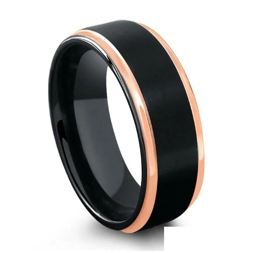 Wedding Rings Luxury Mens Black Tungsten Ring With Rose Gold Edge Plating Brushed Band For Men Jewelry Size 6-13 Drop Delivery Dhvco