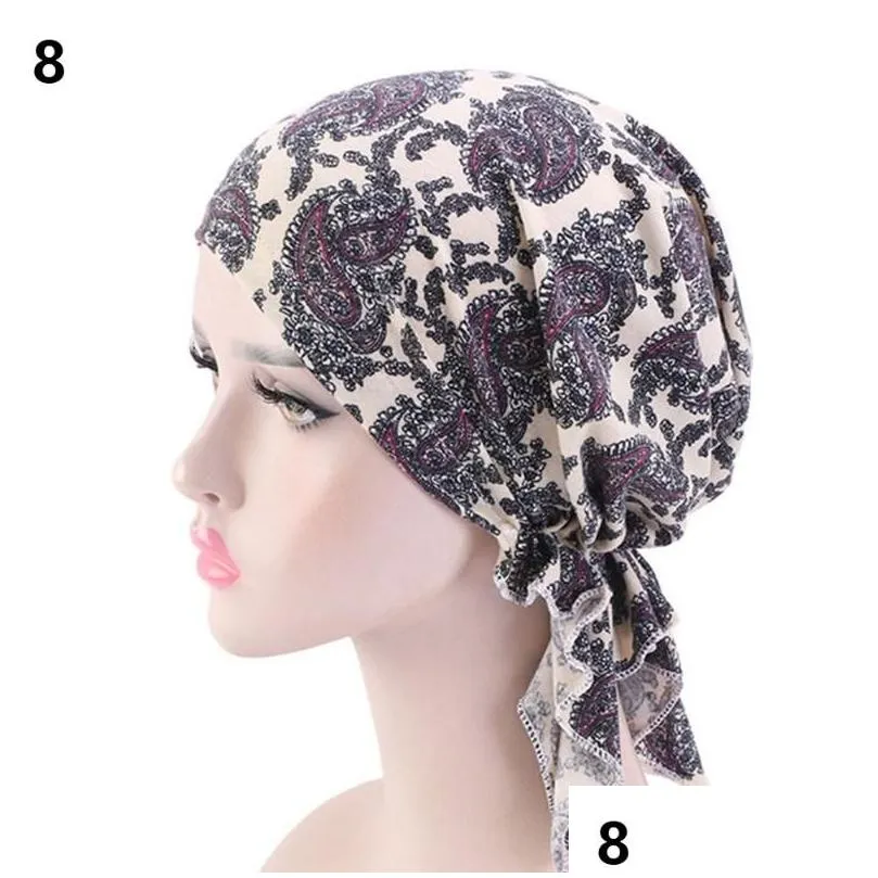 Cycling Caps & Masks Cycling Caps Masks Womens Muslim Hijab Cancer Chemo Flower Print Hat Turban Cap Er Hair Scarf Wrap Pre-Tied Headw Dhpx2