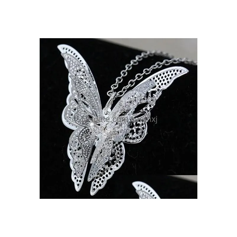 Pendant Necklaces Fashion- New Women Lady Girl 925 Sterling Sier Plated Butterfly Necklace Pendant Fit Charm Fashion Jewelry Christmas Dhcxa