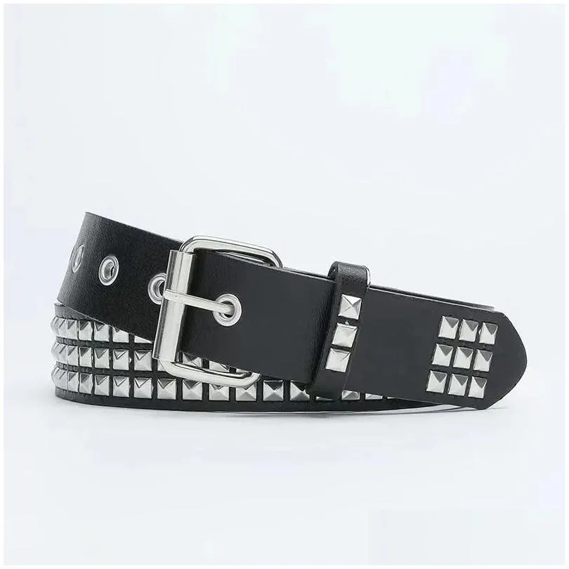 Belts 2023 New Square Bead Rivet Belt Metal Pyramid Men And Women Punk Hardware Jeans Designer Woman Belts3.3Cm Drop Delivery Fashion Othr7