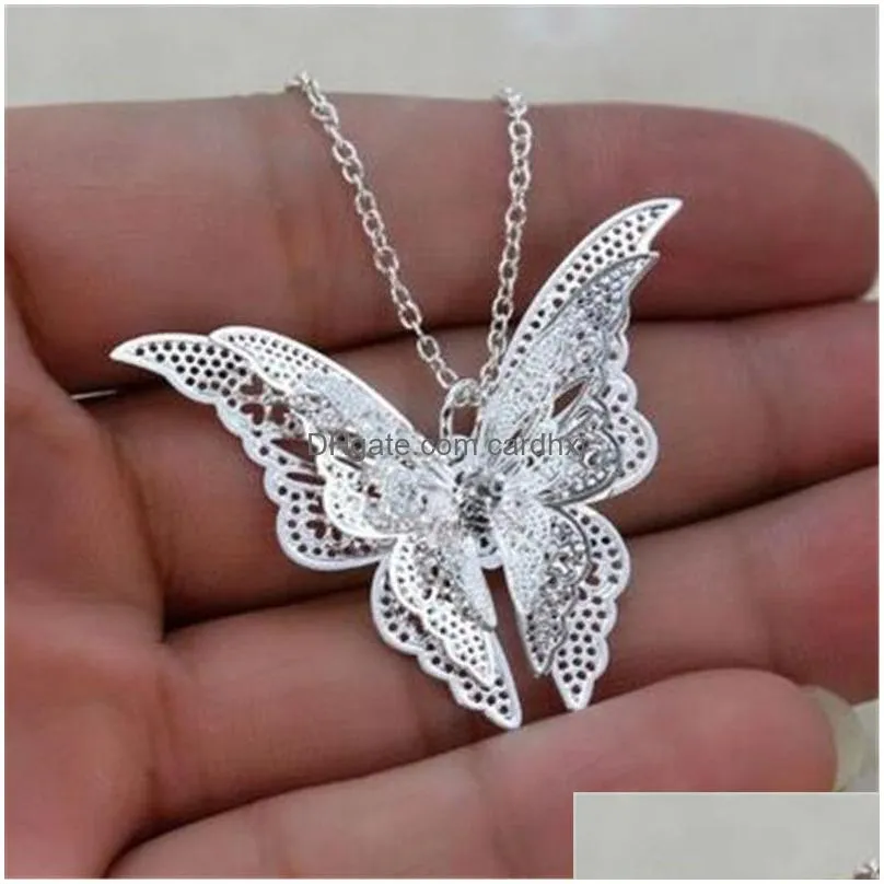 Pendant Necklaces Fashion- New Women Lady Girl 925 Sterling Sier Plated Butterfly Necklace Pendant Fit Charm Fashion Jewelry Christmas Dhcxa