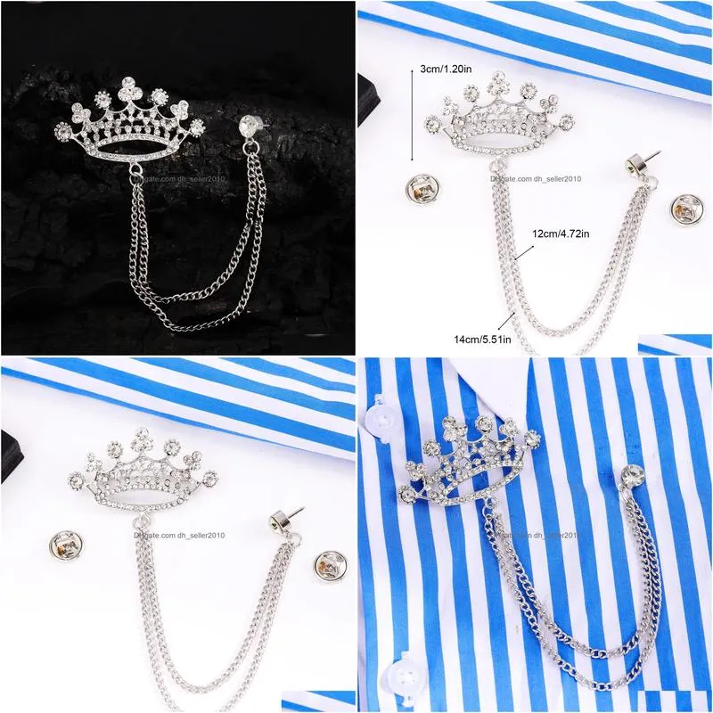 Pins, Brooches Crown-Shaped Crystal Brooch With Double Chain Detail And Stud Back Closure Drop Delivery Jewelry Dhqji