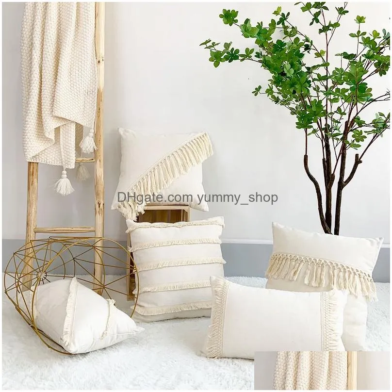 cushiondecorative pillow boho style linen cotton cover home decorative beige cushion with tassels solid throw cases 45x45cm30x50cm