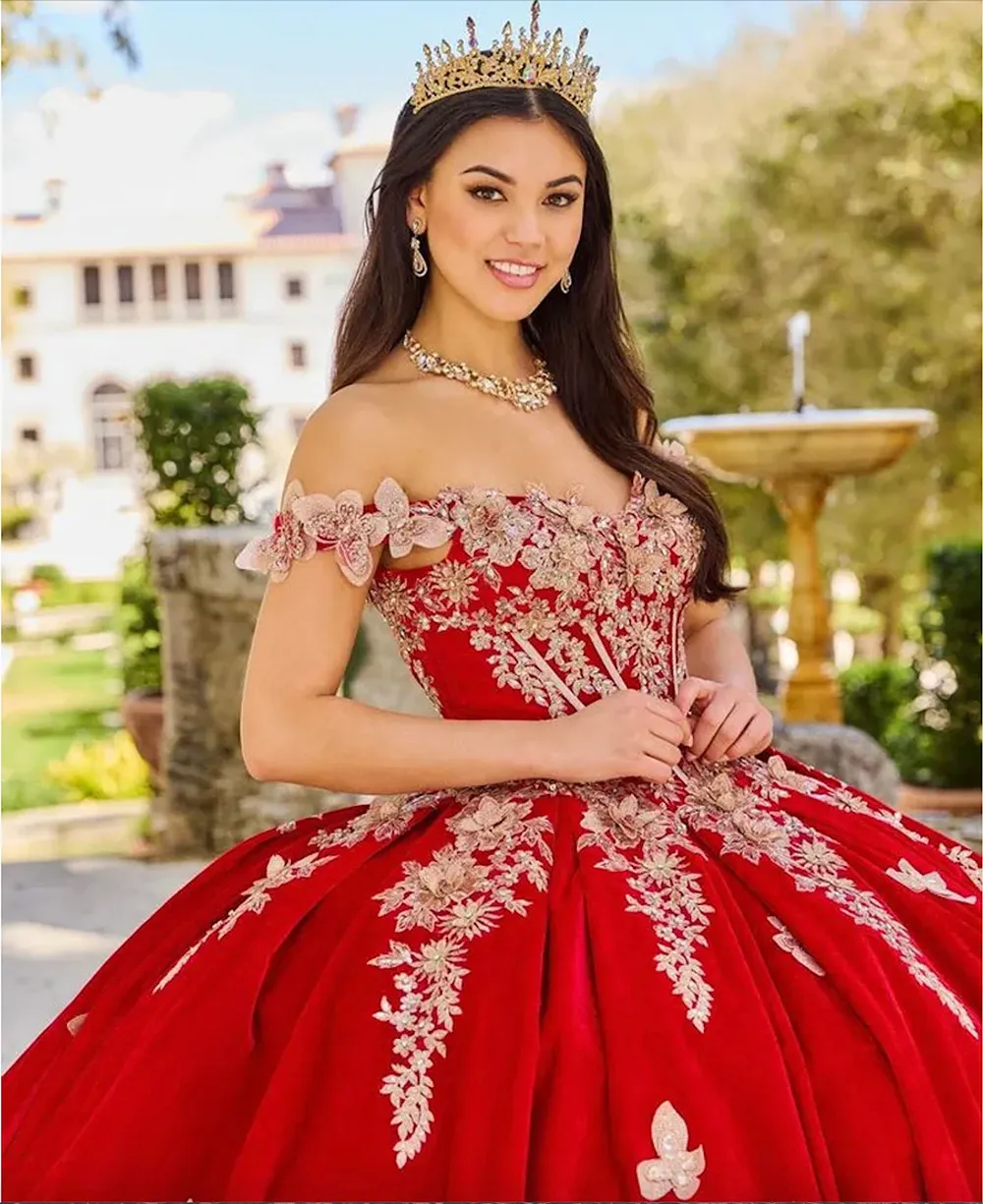 Red 3D Butterfly Princess Quinceanera Dresses Ball Gown Off The Shoulder Gold Appliques Corset Sweet 15 Vestidos De XV Anos