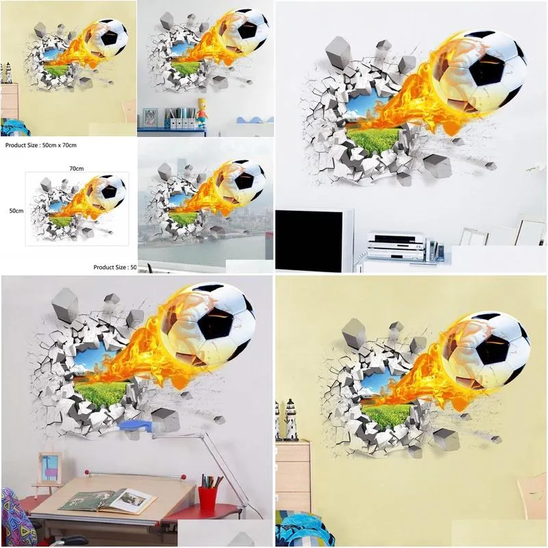 Decorative Objects & Figurines 3D Football Broken Sticker For Kids Living Room Sports Decoration Mural Stickers Home Decor Decals Wall Dhbwb