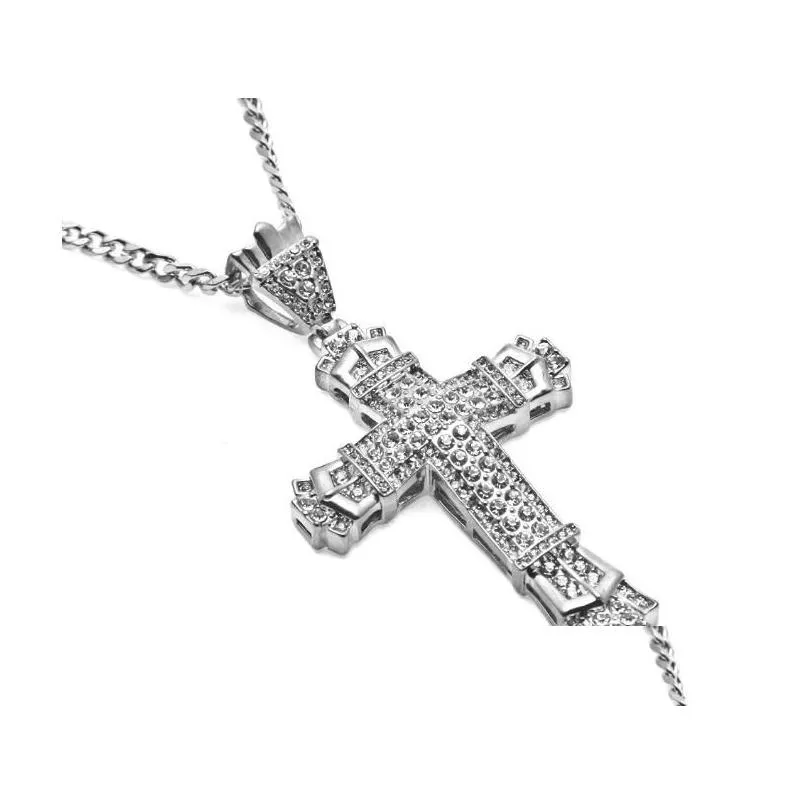 Pendant Necklaces New Retro Sier Cross Charm Fl Ice Out Cz Simated Diamonds Catholic Crucifix Necklace With Long Cuban Chain Gb Drop Dho3Y