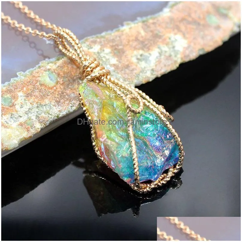 Pendant Necklaces Wire Wrapped Chakra Colorf Electroplated Stone Quartz Pendant Healing Crystal Energy Necklaces Fashion Women Men Jew Dhnkg