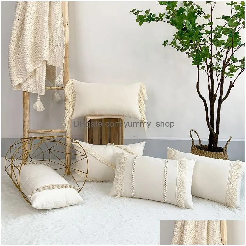 cushiondecorative pillow boho style linen cotton cover home decorative beige cushion with tassels solid throw cases 45x45cm30x50cm