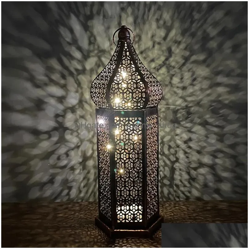 hollow retro lantern moroccan boho hollow-carved cordless portable desk lamp romantic metal cage atmosphere light for home decor