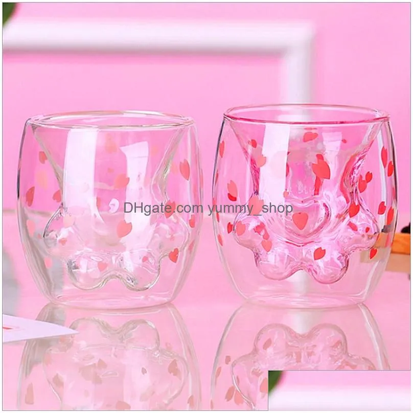 cherry powder household transparent insulation glass water cup cat claw cup creative glass double layer coffee milk cup 220423