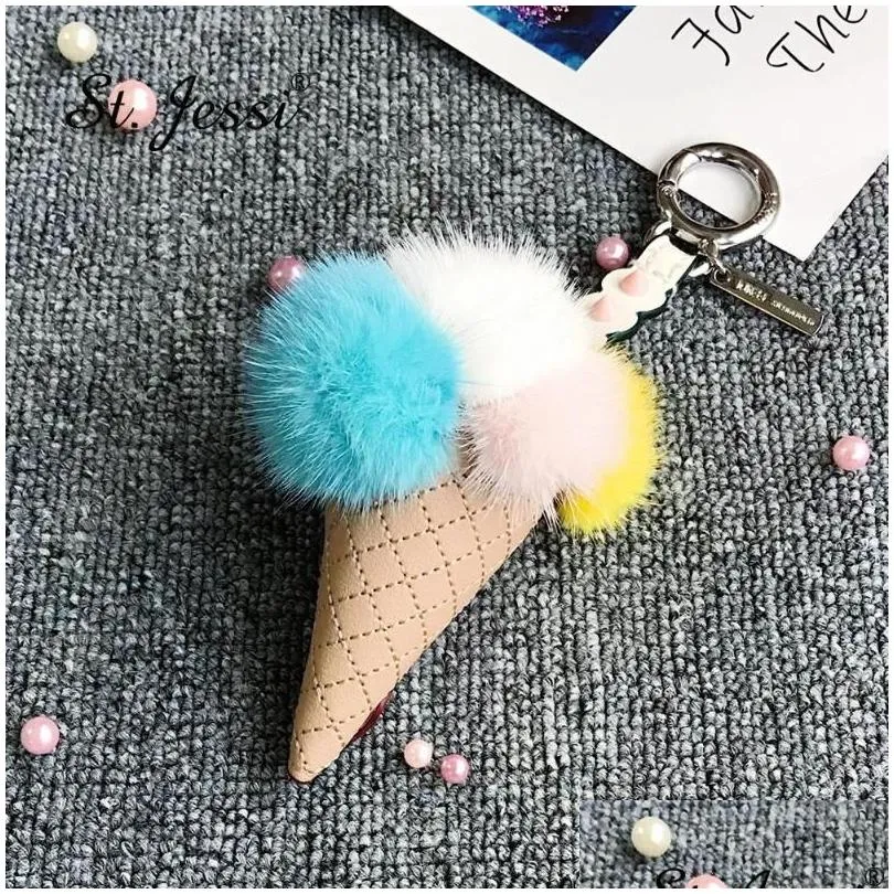 Keychains & Lanyards Keychains St.Jessi Ins High Quality Real Genuine Monster Cream Cone Leather Keychain Keyring Bag Charm Car Key R Dh19T