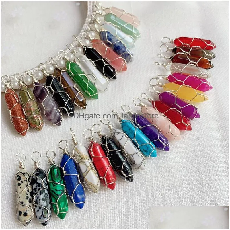 Pendant Necklaces Natural Stone Crystal Pendant Gold Sier Wire Wrap Pendum Reiki Healing Chakra Mticolor Quartz Purple Amethysts Point Dhae4