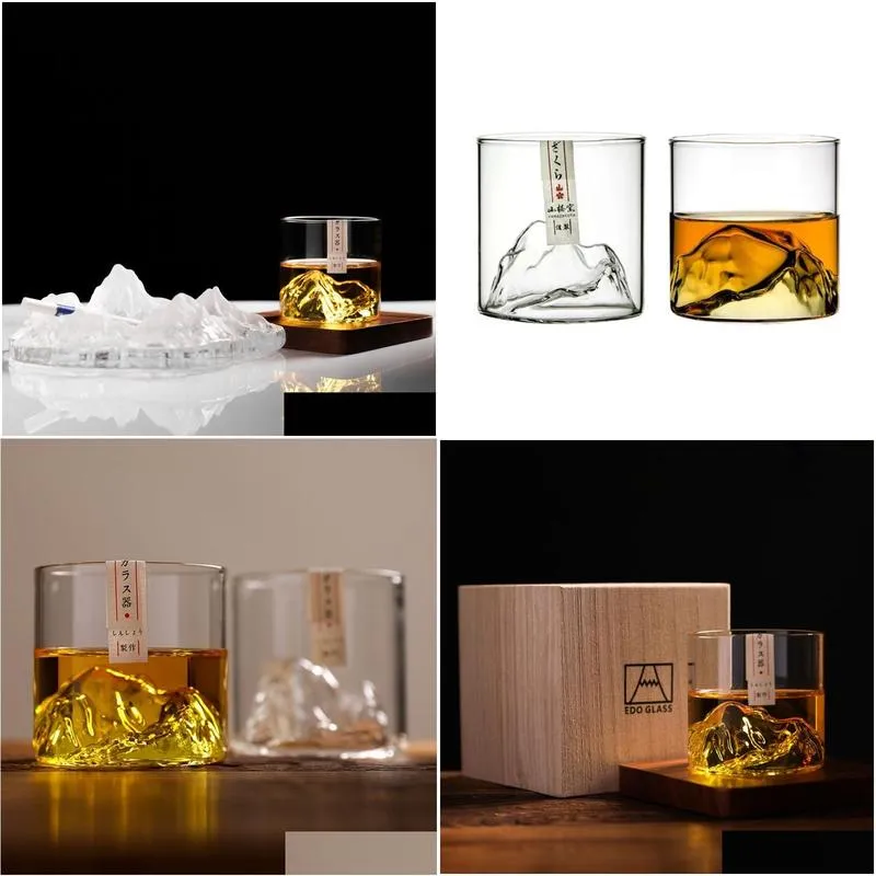 Mugs Japan 3D Mountain Whiskey Glass Glacier Old Fashioned Whisky Rock Glasses Whiskeyglass Wooden Gift Box Vodka Cup Wine Tumbler 220 Dhevu