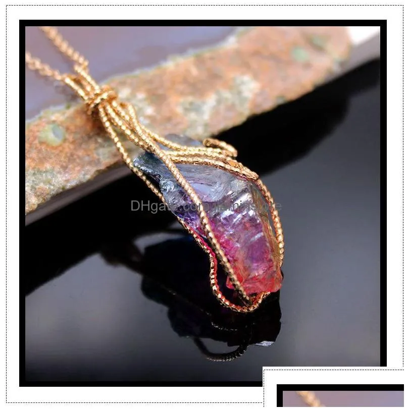 Pendant Necklaces Wire Wrapped Chakra Colorf Electroplated Stone Quartz Pendant Healing Crystal Energy Necklaces Fashion Women Men Jew Dhnkg