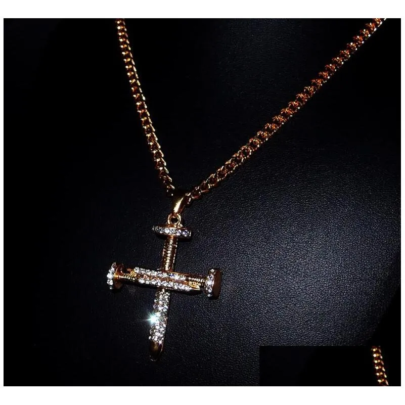 Pendant Necklaces Wholesale- Punk Necklace Trendy Male 18K Gold Color Crucifix Cross Jesus Pendants Men Jewelry Gifts Christmas Gift Dhapo