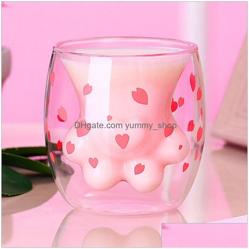 cherry powder household transparent insulation glass water cup cat claw cup creative glass double layer coffee milk cup 220423